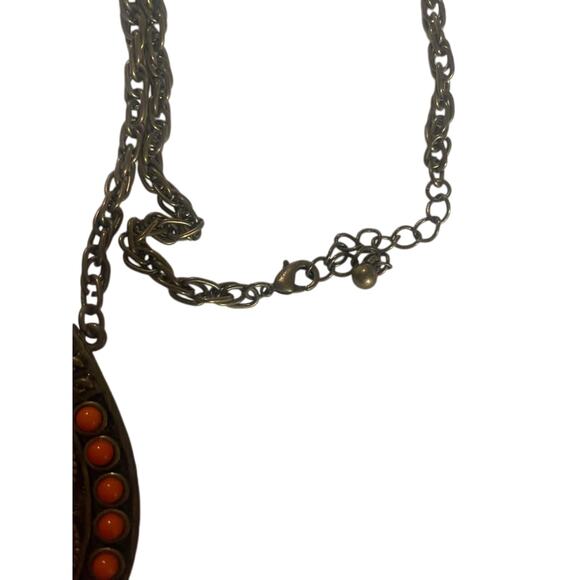 Orange and Dark Goldtone Statement necklace with chain detail - Picture 4 of 5